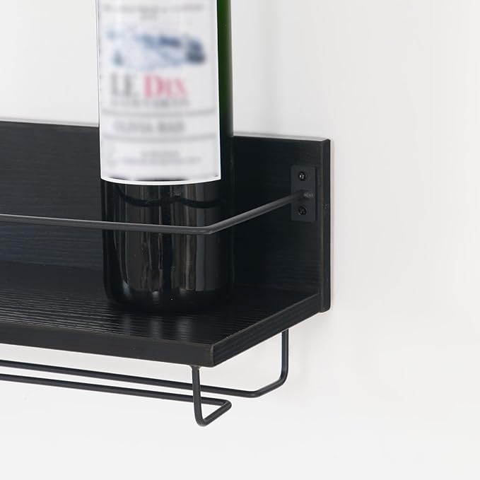 HOOBRO Wall Mounted Wine Rack 2 Pack, Wine Shelf Hanging Floating Wall Shelves, Wine Glass Bottle Rack Stemware Holder, for Living Room, Dining Room, Kitchen, Black BK28BJ01