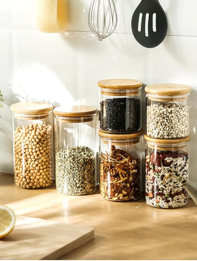 SHOWIN 17oz Glass Food Storage Jars, Glass Jars with Bamboo Lids, Kitchen Storage Jars, Set of 12, Canisters with Airtight Lids for Spice, Coffee, Cookie, Pantry Organizers