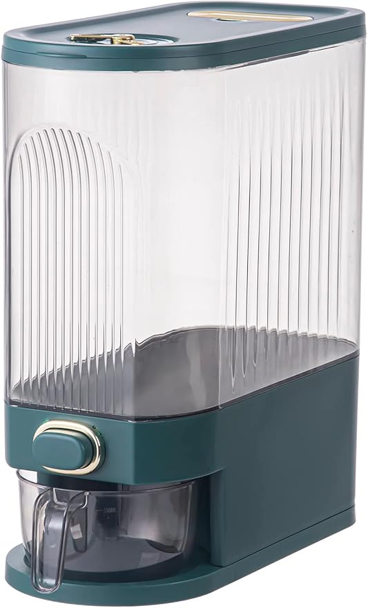 Sooyee Clear Rice Dispenser, Large Grain Container Storage with Lid Measuring Cylinder Moisture Proof Household Cereal Dispenser Bucket for Kitchen Soybean Corn,Clear and Green