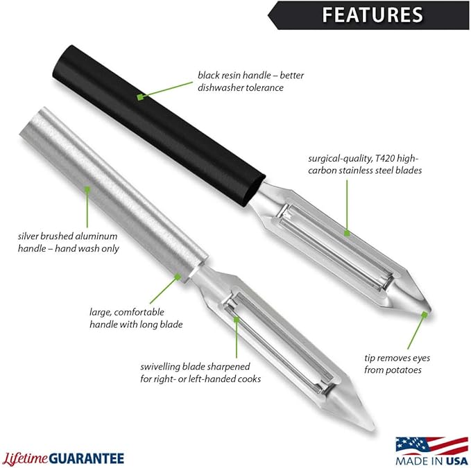 Rada Cutlery Deluxe Vegetable Peeler (W241), 2" Stainless Steel Swiveling Blade, Black Handle