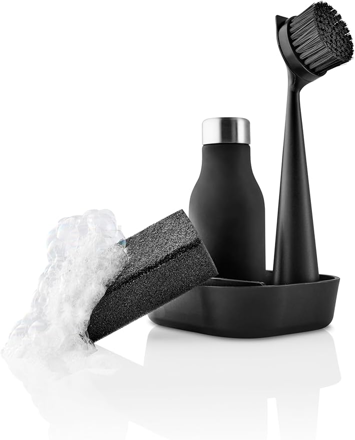 EVA SOLO | Dishwashing Set | Soap Dish, Liquid Soap Dispenser, Dish Brush & Sponge | Dish Washing Accessories | Black