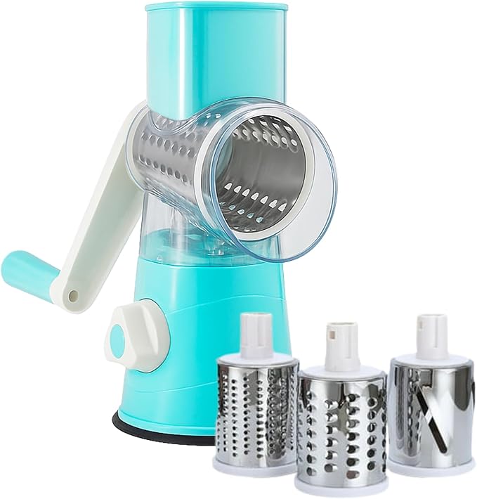 Rotary Cheese Grater, Kitchen Grater Vegetable Slicer with 3 Drum Blades, Manual Vegetable Slicer & Shredder for Vegetables and Nuts – Strong Suction Base & Stainless Steel Blades