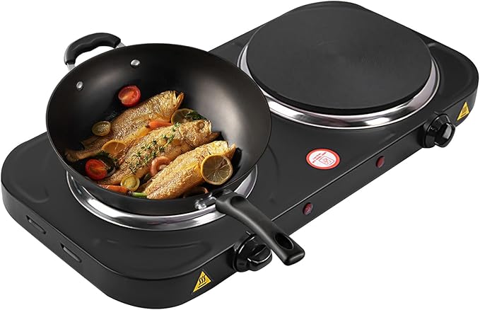 Electric Countertop Burner, Double Burner, 2000W Induction Cooktop, Portable Electric Hot Plate, 5 Level Adjustable Temperature Control Cooking Ranges for Home Dorm Camping Cooking（Black Disk）