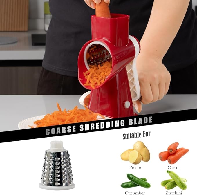 Cheese Grater Hand Crank Rotating Cheese Shredder Stainless Steel Vegetable Slicer Grater for Kitchen 3 Blades for Cheese, Carrot, Cucumber, Nuts, Chocolate, Red
