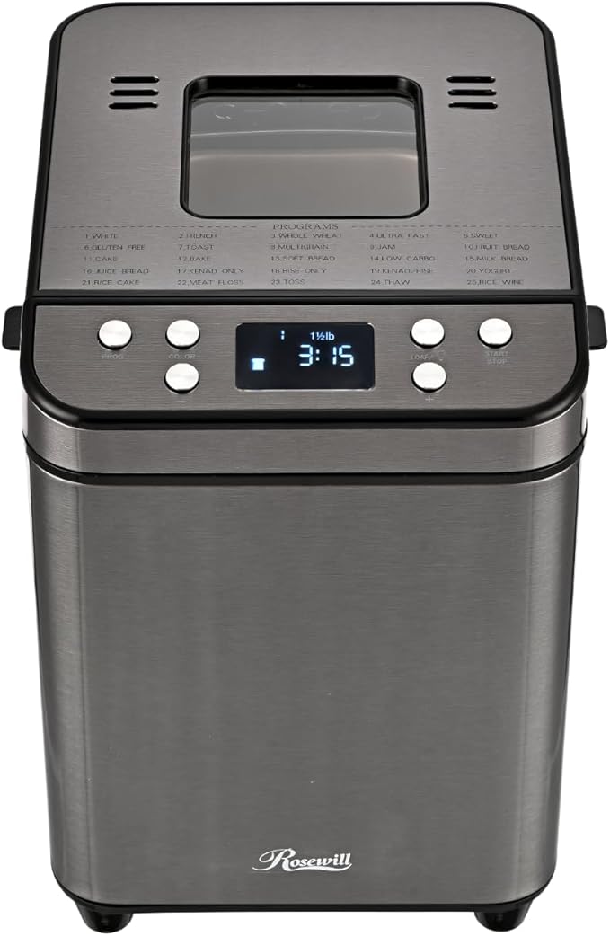 Rosewill 25-in-1 Automatic Bread Maker Machine with 3 Loaf Size up to 2 Lb, 700W High Power Dual Heater Bread Maker with BPA-free Nonstick Coating Pan, Max 15 Hours Delay Timer, Low Noise - Gray