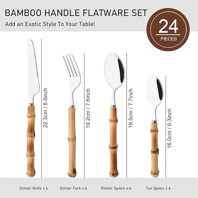 Bamboo Silverware Set, 24-Piece Natural Bamboo Flatware Cutlery with Stainless Steel Silver Head, Includes Knife, Fork, Spoon for Daily Use and Party, Reusable