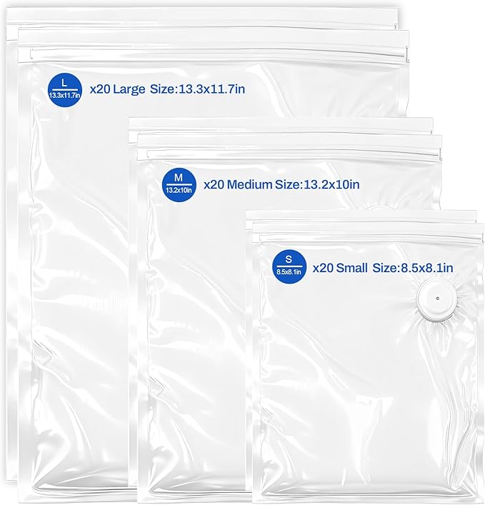 RAIN SPIRIT Reusable Vacuum Sealer Bags for Food, 60 Packs (20L&20M&20S) BPA-Free Food Storage Bags, Leakproof Sous Vide Bags for Freezer, Microwave, Dishwasher Safe, Preserve Freshness for Meal Prep