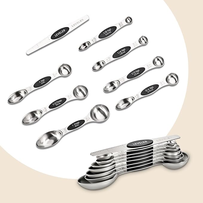 16-Piece Magnetic Measuring Cups and Spoons Set, Stainless Steel with Non-Slip Silicone Handles and Leveler, Essential Kitchen Baking Tools (Black)