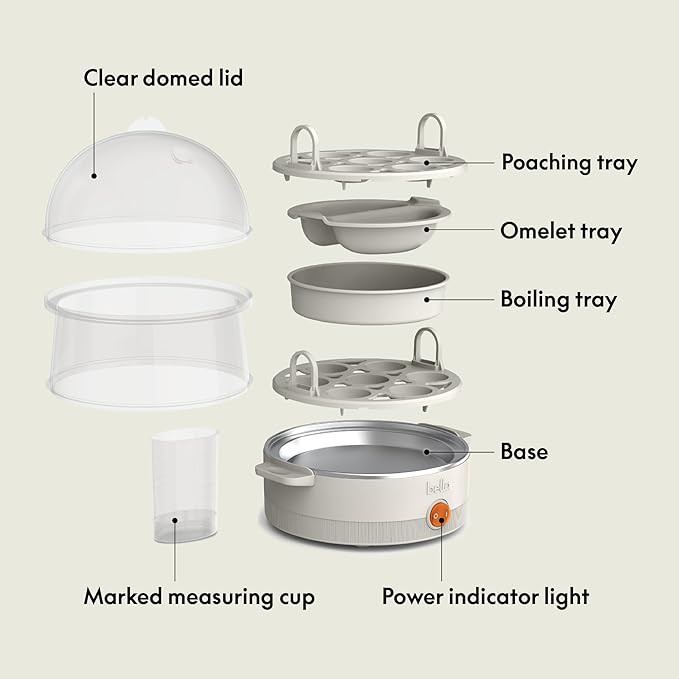 bella Electric Egg Cooker, 14 Eggs Capacity Tray, Double Stack, for Poached, Scrambled, Hard, Medium & Soft Boiled Eggs, Omelets and Steamed Dumplings, Auto Shutoff, 360 Watt, Oatmilk