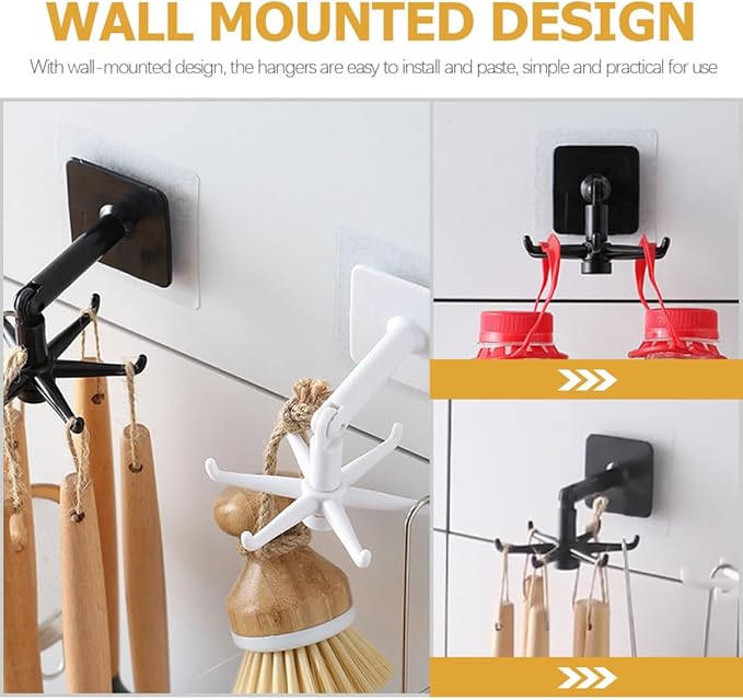 ARTIBETTER 4pcs Rotatable Kitchen Wall Hooks 360° Swivel Under Cabinet Hooks for Utensil Hanging, Black and White, Space-Saving Kitchen Storage Organizer