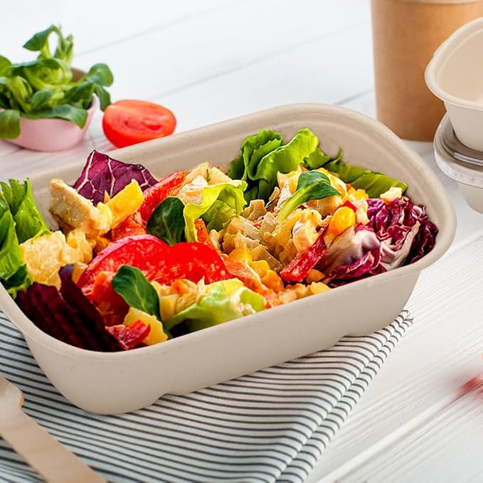 Aksipo 50 Pack 33 Oz Disposable Meal Prep Containers with Lids, Rectangle Paper Bowls with Lids for Salad,Leftovers, Leak-proof To Go Food Box Cardboard Lunch Box Compostable Take Out Food Containers