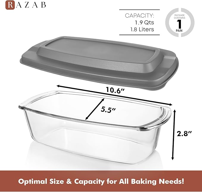 Razab LARGE 7.6 Cups/1800 ML/1.9 Qt Glass Loaf Pan with Lids - Meatloaf Pan BPA free Airtight Lids Grip Handle Easy Carry, Microwave and Oven Safe - Loaf Pans For Baking Bread, Cakes, Glass Loaf Pan