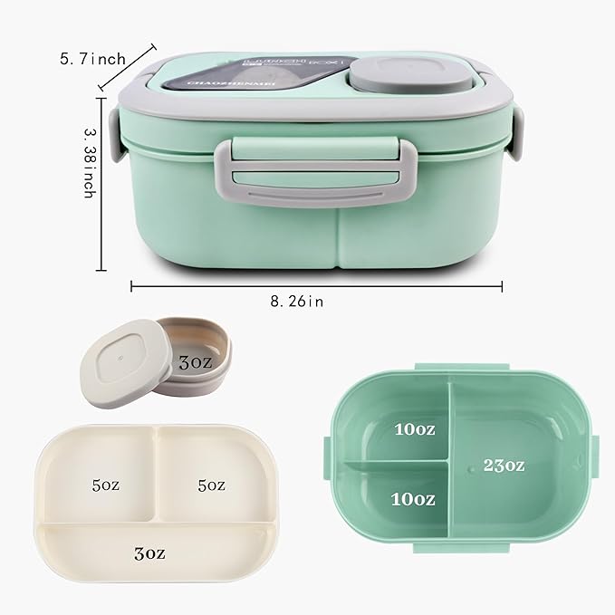 Adults Bento Lunch Box,Salad Container Large 43oz Salad Bowl, Bento-Style Tray for Toppings, 3oz Sauce Container for Dressings, and Built-In Reusable Fork (Green)