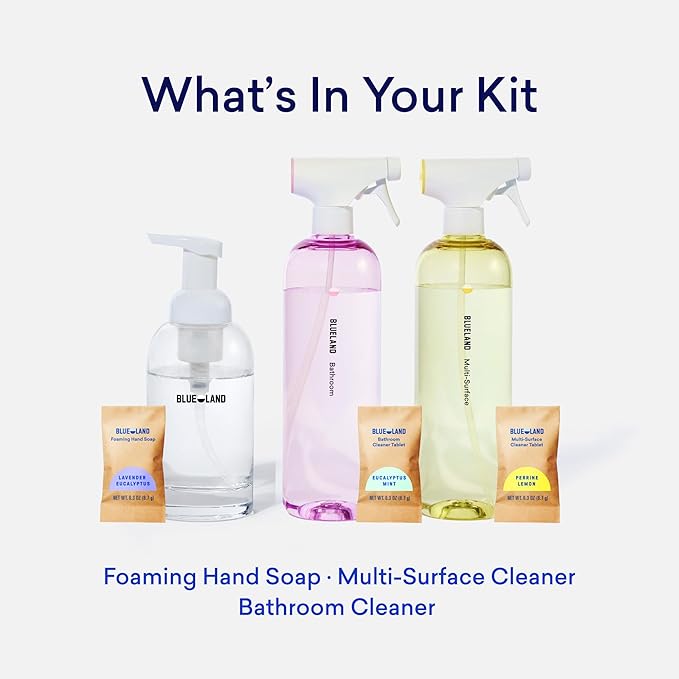 BLUELAND Clean Home Kit, 3 Reusable Bottles with 3 Tablets, Makes 1 Bottle Each of Foaming Hand Soap, Multi-surface Cleaner, Bathroom Cleaner
