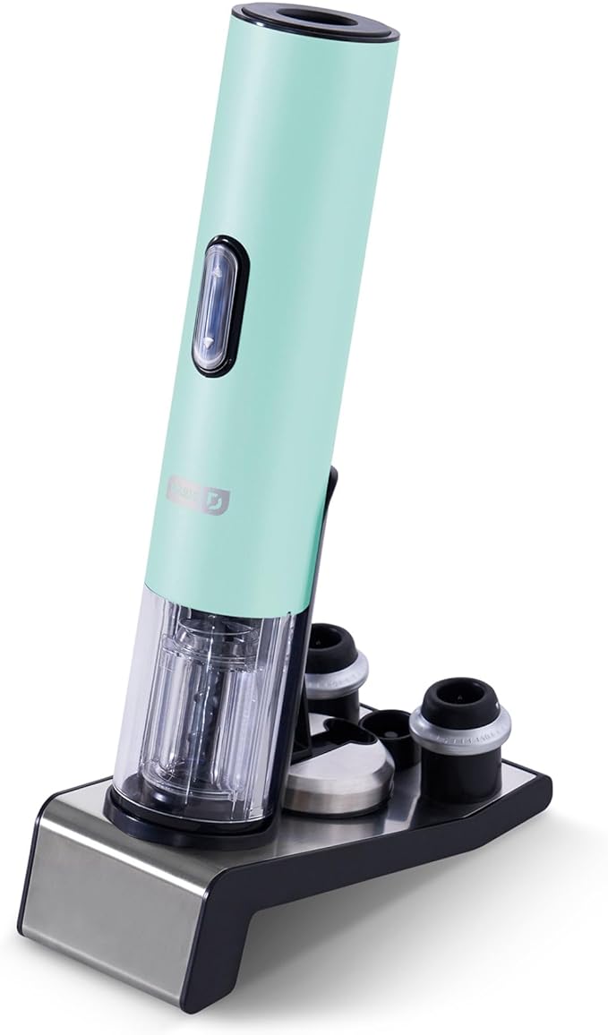 Dash Serve & Preserve Wine Set – Rechargeable Electric Wine Preservation System – Wine Bottle Opener, Vacuum Sealer, 2 Reusable Caps + Charging Base – Aqua