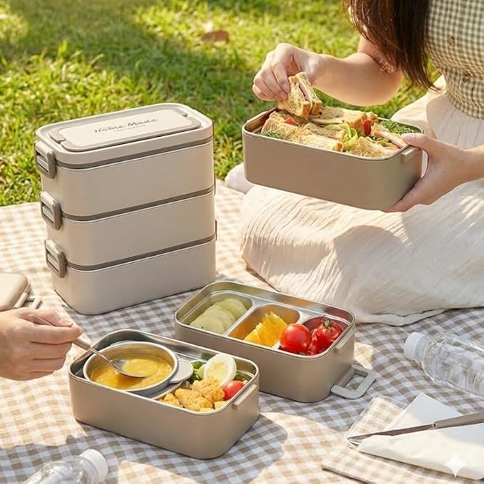 Bento Box Adult Lunch Box, Stackable 3-Layer 304 Stainless Steel for Adults, Office, 3L Capacity, Portable, Soup Bowl, Spoon & Fork, Metal Lunch Box, Tiffin (Brown)