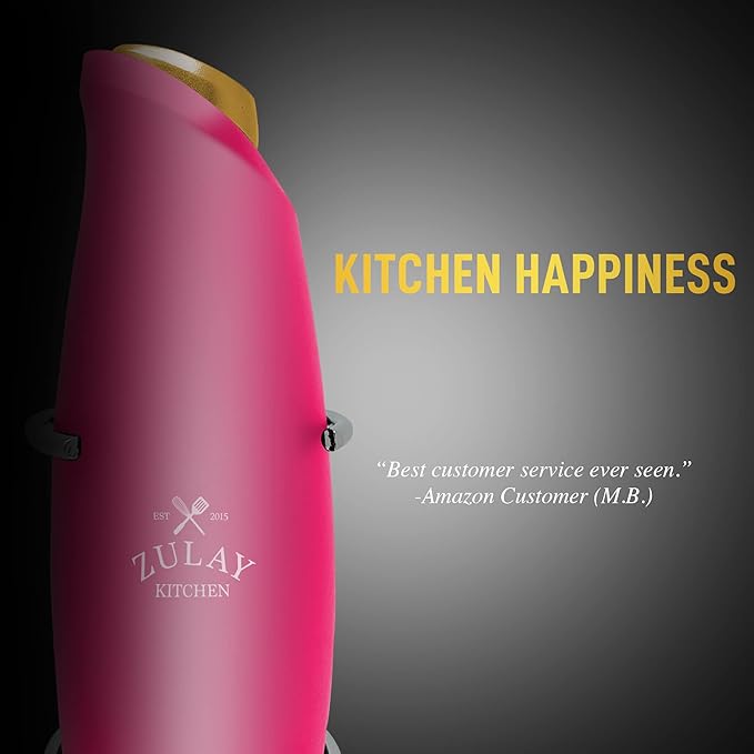Zulay Kitchen Premium One-Touch Milk Frother for Coffee - Easy-Use Frother Handheld Foam Maker - Electric Whisk Drink Mixer for Cappuccino, Frappe, Matcha and Hot Chocolate (Hot Pink, Gold Button)