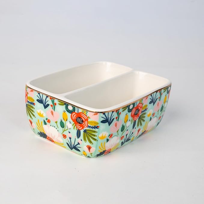 2 Compartments Ceramic Sponge Holder for Kitchen Sink, Cute Floral Pattern Countertop Dish Sponges Holder Soap Sink Organizer Caddy Farmhouse Home Kitchen Decor Mint Flowers