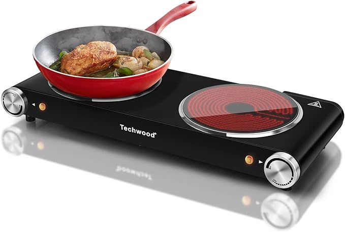 Hot Plate, Techwood 1800W Dual Electric Stove, Countertop Stove Double Burner for Cooking, Infrared Ceramic Hot Plates Double Cooktop, Brushed Stainless Steel Easy to Clean Upgraded Version, Black
