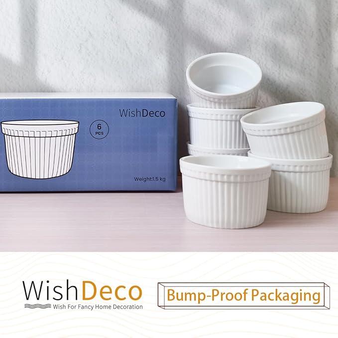 WishDeco Ramekins Set of 6, Creme Brulee Ramekins 7 oz, White Dipping Sauce Dishes, Porcelain Ramekin Bowls for Baking, Souffle, Custard Pudding, Cake, Oven Safe