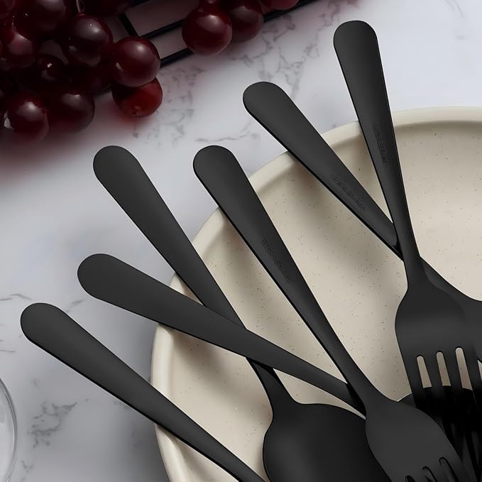 Unokit 24-Piece Forks and Spoons Silverware Set - Forks and Spoons Food Grade Stainless Steel Silverware for Home, Kitchen and Restaurant, 12-Fork and 12-Spoon, Mirror Polished&Dishwasher Safe, Black