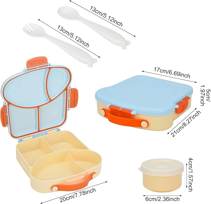 Bento Box for Kids School Lunch Box with Utensils and a Dipping Bowl, Leak-Proof 4 Compartments with Carrying Handle, BPA-Free Bento Box for Girls and Boys in School, Preschool, Daycare (Blue)