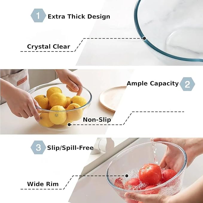 Cuiselect 3pc Glass Mixing Bowls Sets (1.64QT, 1.16QT, 0.85QT), Nesting Mixing Bowls for Cooking Prep, Baking, Storage, Large Salad Bowls Sets-Dishwasher Microwave Freezer Safe