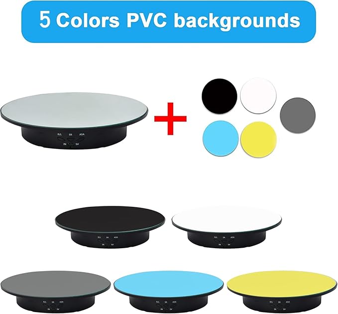 QINMAY 360 Degree Rotating Display Stand,360 Degree Photography Turntable with Remote Control,5 PVC Backgrounds,Battery/USB Power Supply for Photography Product Shows
