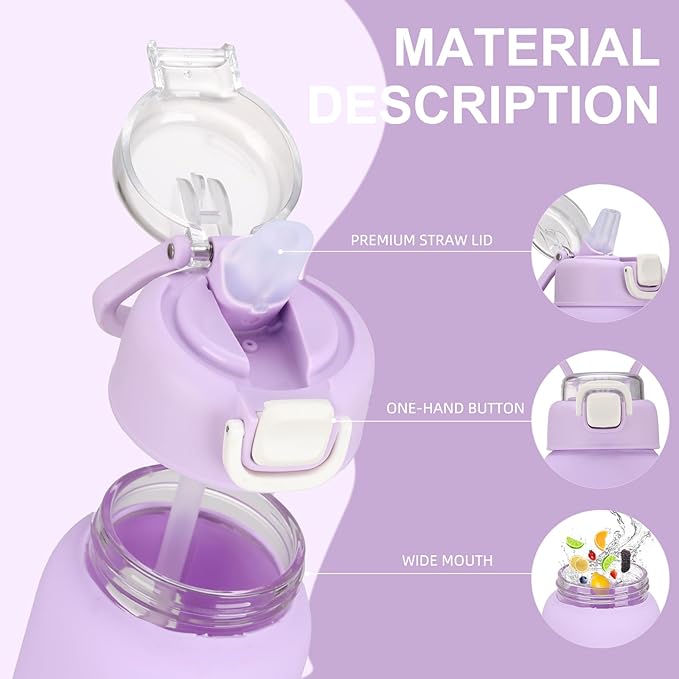 chunmo 24 oz Glass Water Bottles with 2 Lids-Handle Spout Lid & Straw Lid, Motivational Water Bottle with Time Marker and Silicone Sleeve,Leakproof-Purple-1 Pack