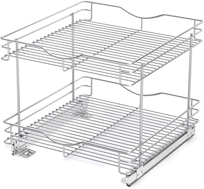FULGENTE Chrome Finish 2 Tier (17" W X 18" D) Pull Out Drawer Cabinet Organizer Heavy Duty Slide Out Pantry Shelves Sliding Basket Storage For Home Kitchen Bathroom Under Sink Organization