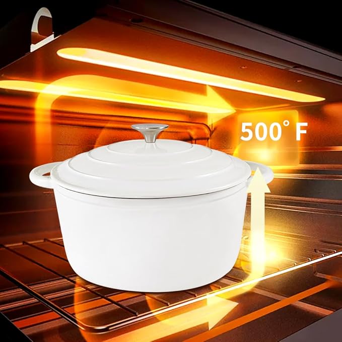 3 Quart Cast Iron Dutch Oven with Lid, Dual Handles Enameled Soup Pot, Heavy Duty and Oven Safe for Bread Baking, Braising, Cooking and Family Gifts, White