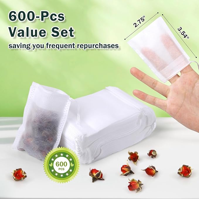 600Pcs Disposable Tea Bags for Loose Leaf Tea, Empty Tea Filter Bags for Cooking, Infuser Sachets for Spice, Coffee, Herb and More (3.54x2.75 Inch)