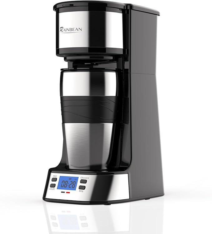 RAINBEAN Single Serve Coffee Maker, Programable Single-Serve Brewers, Timer Auto Start/Off, 14 Oz Single Cup Coffee Machine For Ground Coffee, 700W Quick Brewing, Perfect Gifts for Coffee Lovers