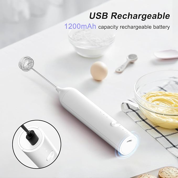 Rechargeable Milk Frother by ELMWAY, 3 Speed Electric Milk Frother Handled with Wand and Egg Whisk Attachments, for Coffee, Matcha and Protein Powder (White without Stand)