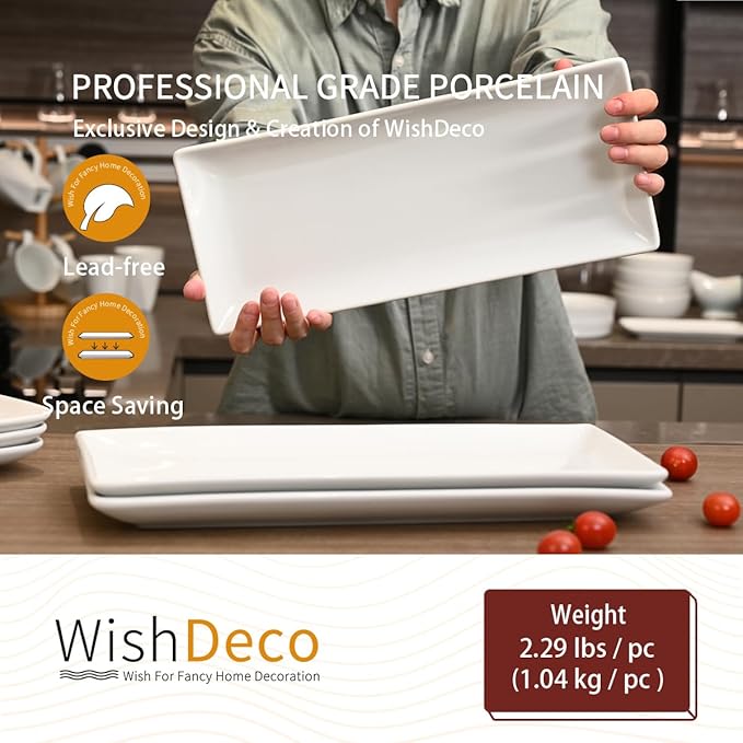 WishDeco Serving Platters Set of 3, Large Serving Trays 14 inch, White Serving Plates, Ceramic Rectangle Plate, Long Platter for Cake, Sushi, Steak, Dessert, Buffet