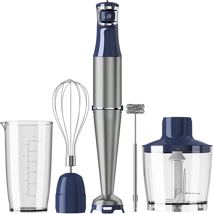Turelar Immersion Blender Handheld Corded Hand Blenders Set 1100W, Trigger Variable Speed 5 in 1 Stick Emulsifier with Chopper, Whisk and Frother for Soup, Baby Food and Smoothies, Navy Blue