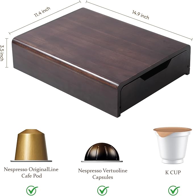 Solid Acacia Wood Coffee Pod Organizer with Walnut Finish, 35-Capacity Coffee Drawer with Removable Dividers, Child-Safe Rounded Edges for Countertop