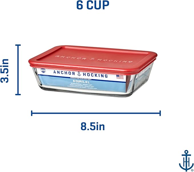 Anchor Hocking SnugFitTM Rectangular Food Storage Containers with Lids (4-Piece, 6-cup, Red, oven-safe)