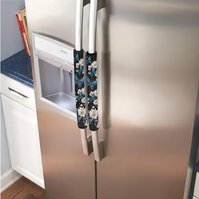 6 PCS Refrigerator Oven Door Handle Covers Anti-Skid Fridge Microwave Dishwasher Door Cloth Protector Keep Electric Appliances Clean Home Decoration Accessories, Daisy Blue Butterfly Black