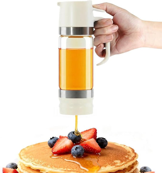 Aelga Honey Dispenser, Honey Dispenser No Drip 12 oz Glass Honey Jar with Handle, Easy Pour Syrup Dispenser for Coffee Bar, Tea & Kitchen Accessories (White)
