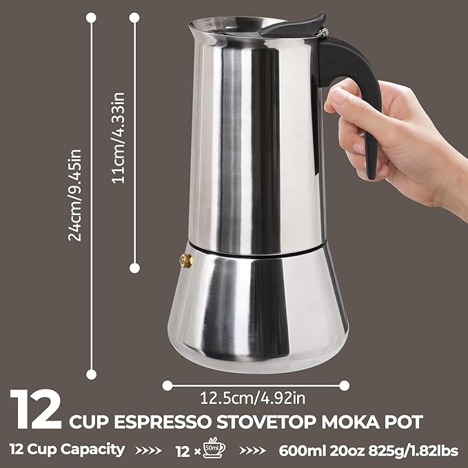 12 Cup 600ml Moka Pot Stainless Steel Espresso Coffee Maker Stovetop Coffeemaker Italian Classic Style Brewing Greca Cafe Mocha Machine for Cafeteras Lover Camping Travel and Home Use 20oz