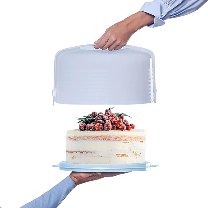 Tupperware Round Cake Taker Carrier Ice Blue Sheer with Ice Blue Base