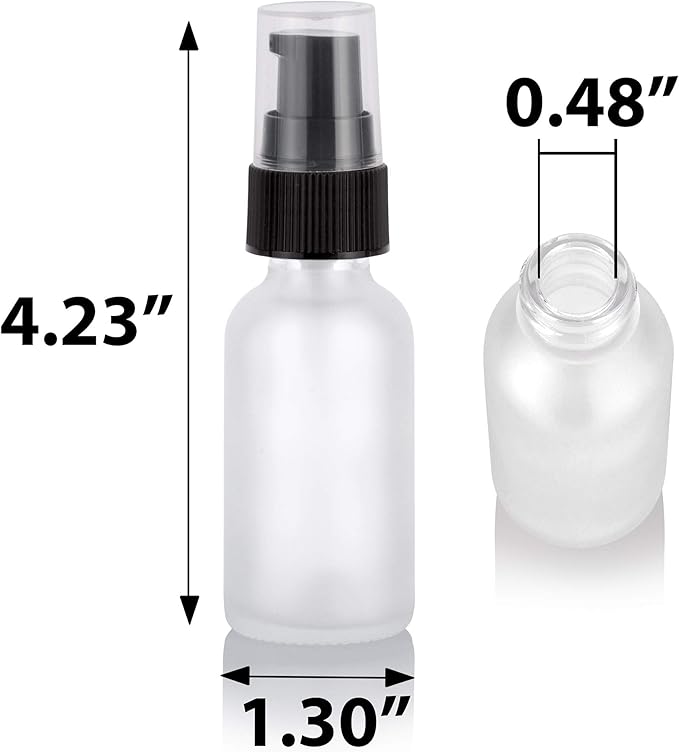 JUVITUS 1 oz / 30 ml Frosted Clear Glass Boston Round Bottle with Black Treatment Pump (24 pack) + Funnel