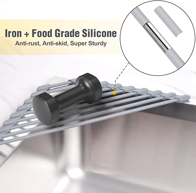 Tomorotec Triangle Roll-Up Dish Drying Rack - Small Foldable Silicone Coated for Sink Corner, Stainless Steel Over Sink Organizer, Drainer Caddy for Multipurpose Kitchen Storage (Gray)