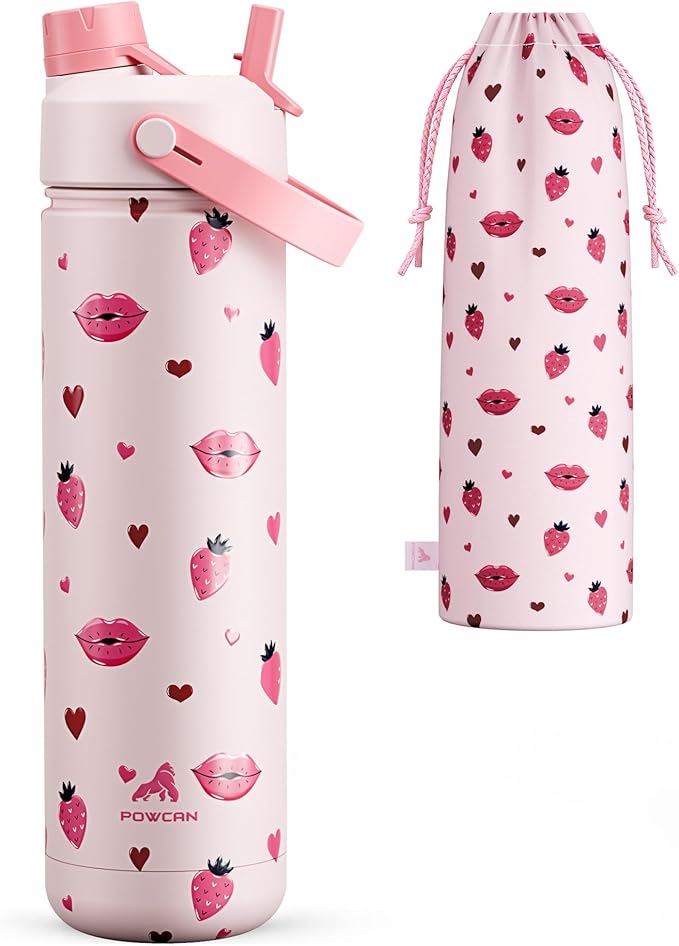 POWCAN 26 oz Insulated Water Bottle with 2-in-1 Straw and Spout Lid, Keep Cold 24H, Leak-Proof, Fits in Car Cup Holder, Stainless Steel Water Bottle for Sports, Travel, Gift and School (Kiss Me Berry)