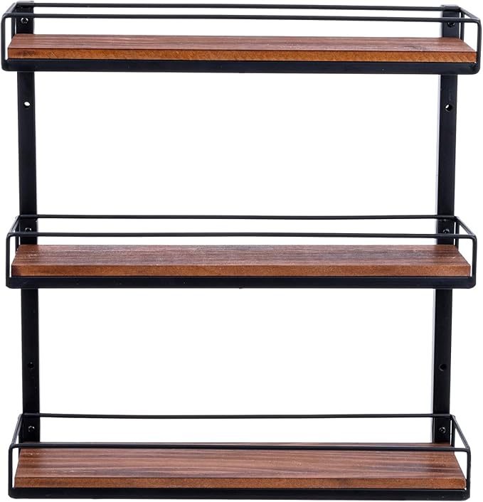 MyGift 3 Tier Wall Mounted Spice Rack, Black Metal and Burnt Solid Wood Kitchen Hanging Seasoning Shaker Spice Jar Condiment Bottle Shelf Pantry Organizer