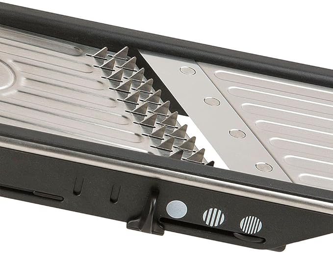 PL8 Professional Slicer - Adjustable 3-in-1 Slicing & Julienne Tool with Stainless Steel Slicing Ramp, Integrated Blades, Safety Hand Guard and soft-grip handle.