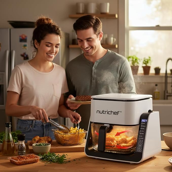 NutriChef 4 QT Air Fryer & Grill | 8-1 Preset Cook Modes | Transparent Fry Bowl for Best Cooking Results | Cook Shrimp, Steak, Fries, Wings & More | 4 QT Glass Air Fryer & 1.2 QT Grill | White