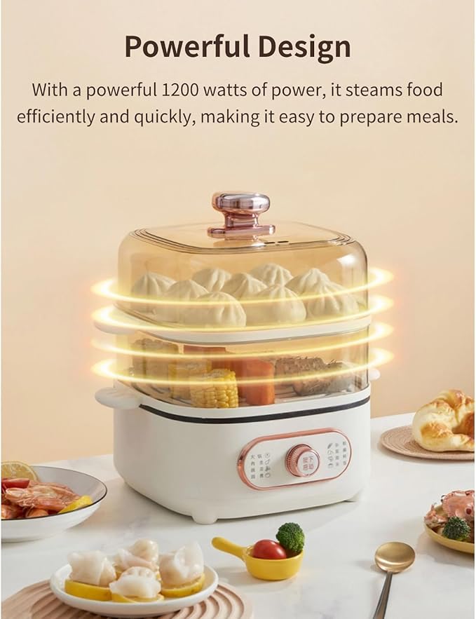 Two Tier Food Steamer, 1200W Electric Hot Pot with Steaming Plate, Mini Hot Pot for Fast Simultaneous Cooking, 10.5L Stackable Multipurpose Cooker for Soup Noodles Oatmeal (PP+pc
