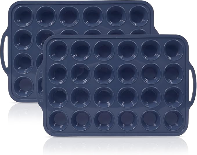 2 Pack Mini Silicone Muffin Pan with Metal Frame, Non Stick Silicone Cupcake Pan with Handles 24 Cup, BPA Free Silicon Muffin Tin Tray Small for baking, egg bites, Cupcake Mold Grey
